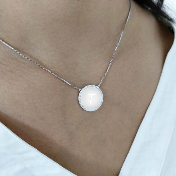 שרשרת אות עם תליון עגול זרקונים כסף